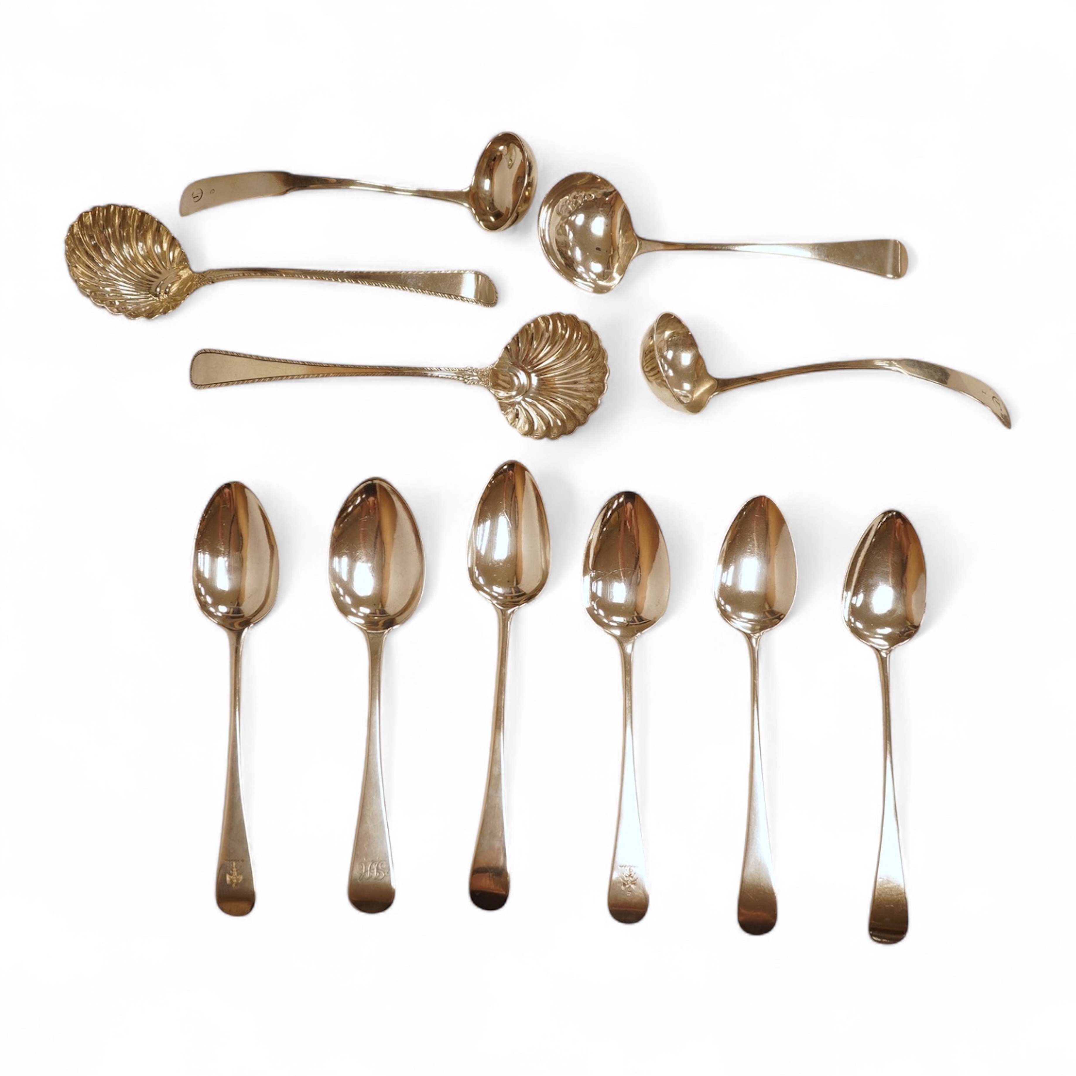 A pair of George III silver feather edge Old English pattern sauce ladles, with shell bowls, London, 1771?, 17.6cm, together with a pair of George III Scottish silver toddy ladles, George Fenwick, Edinburgh, 1816, one ot